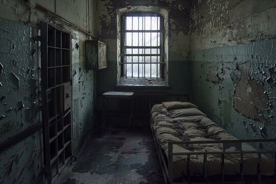 Dilapidated jail cell featuring peeling paint, a barred window, and a decaying metal bed