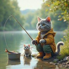 A fictional scene of a fisherman cat on a river bank.