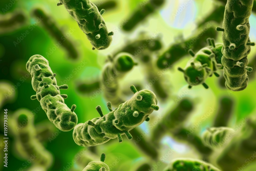 Aufkleber 3d rendering of rabies virus particles floating in a green fluid, magnified by a powerful microscope