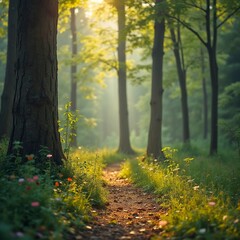 Delightful landscape of a forest path in the rays of the sun.