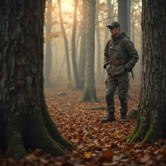 A forester in uniform with a weapon patrolling the territory.