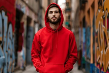Obraz premium Stylish man wearing a red hoodie stands in an urban alley with colorful graffiti art