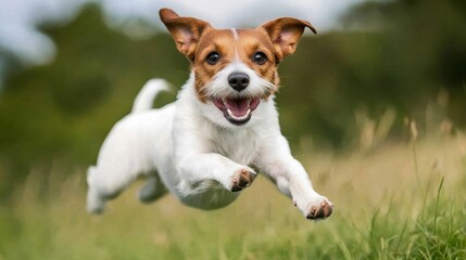 Energetic dog leaps joyfully through a lush meadow, its playful spirit captured against a backdrop of sunlit grass.