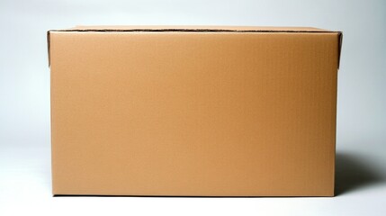 A plain, brown cardboard box on a neutral background, often used for packaging or storage.