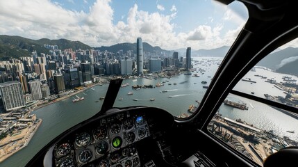 Helicopter Hong Kong city aerial view harbor flight
