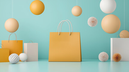A vibrant and minimalistic online shopping advertisement concept with colorful shopping bags and decorations