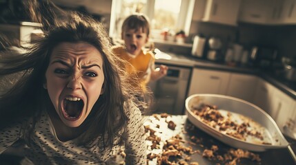 Stressed mom screaming in messy kitchen, toddler