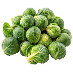 Fototapeta premium Fresh brussels sprouts stacked on a white background, showcasing their round shape and vibrant green color isolated on transparent background