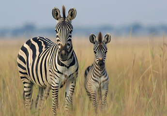 Fototapeta premium A Zebra Family in the Grass