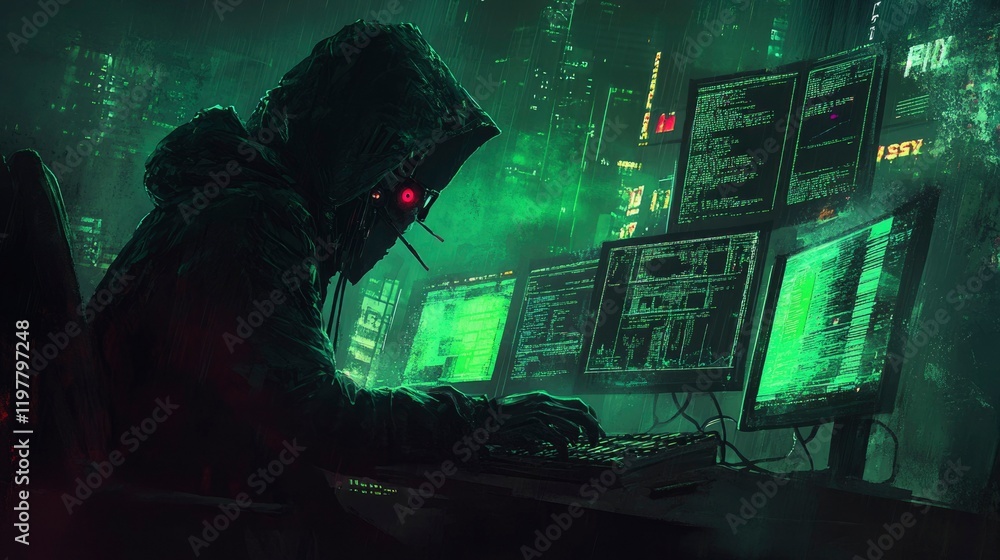 Poster anonymous hacker working late in a futuristic city