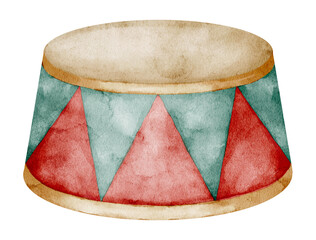Vintage Circus Pedestal in watercolor style with red and green patterns, designed in retro colors. Illustration of Carnival Stand for childish designs. Drawing of Base for performance or festival show © Alisles