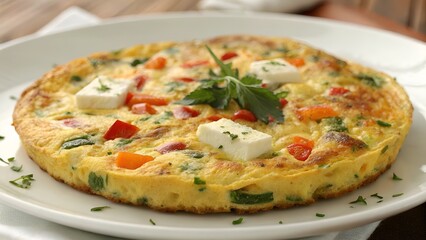 Frittata with vegetables and feta cheese, colorful and hearty, served on a white plate, copy space

