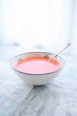 Healthy fresh food from the Mediterranean diet. Bowl full of gazpacho, the cold vegan Spanish summer soup