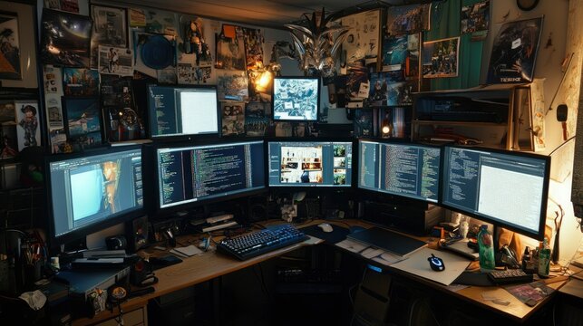 A cluttered programmers workstation with multiple monitors