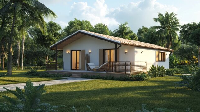 Tropical Bungalow House Design: Modern Minimalist Architecture in Lush Greenery
