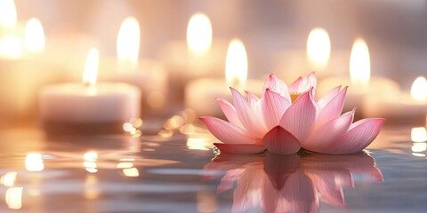 A serene pink lotus flower floating on water with candles in the background