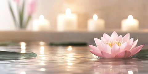 A serene pink lotus flower floating on water with candles in the background