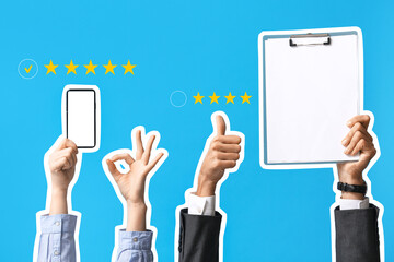 Business people with mobile phone and clipboard on blue background