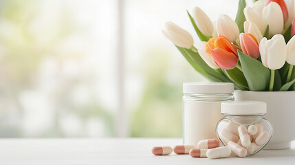 vibrant bouquet of tulips arranged in a heart-shaped design, with capsules beside them, evoking a sense of wellness and beauty