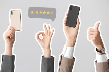 Business people with mobile phones gesturing on light background