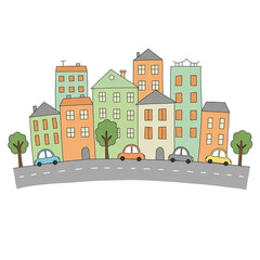 Obraz premium Cartoon cityscape. City street with cars.