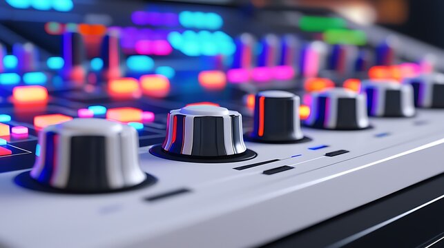 Close-up of illuminated audio mixer controls