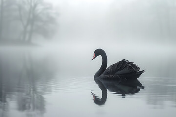 Obraz premium Black Swan in Misty Lake