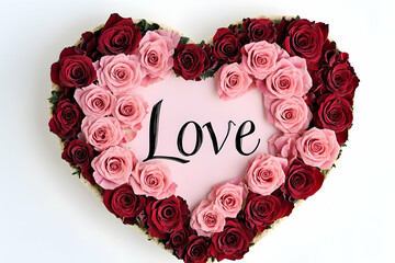 Heart-shaped arrangement of pink and red roses, elegant calligraphy "Love", soft lighting, isolated on white background