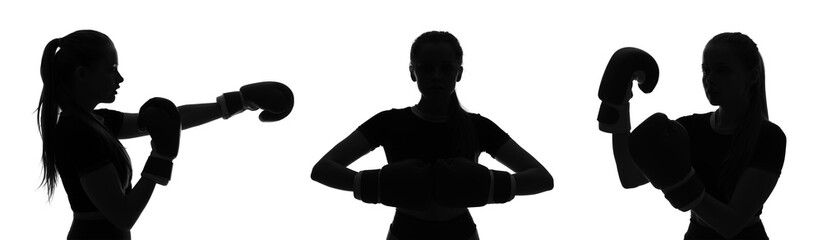 Silhouettes of sporty young woman in boxing gloves on white background