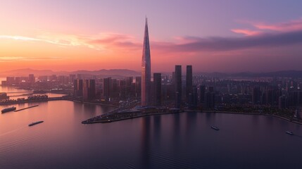 Sunrise city skyline, skyscraper, harbor, boats, coastal, aerial view, cityscape, pink sky, architecture, urban