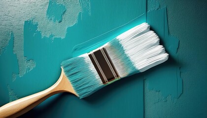 Stark Contrast White Paintbrush Stands Out Against a Rustic Teal Textured Wall, Emphasizing the Simplicity of Artistic Tools Amidst Rich Interior Decor.