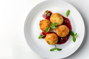 Fototapeta premium Fried Cheese Balls with Berry Sauce and Mint Garnish