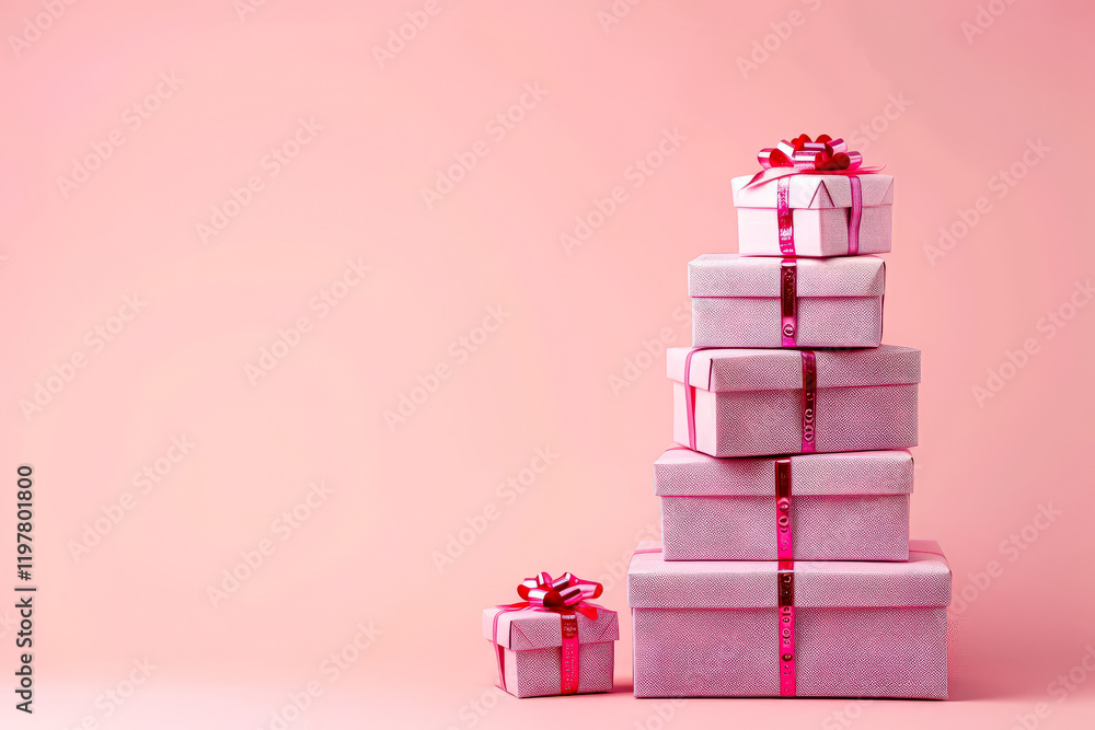 Poster row of brown boxes with pink ribbons tied around them. the boxes are arranged in a way that they loo