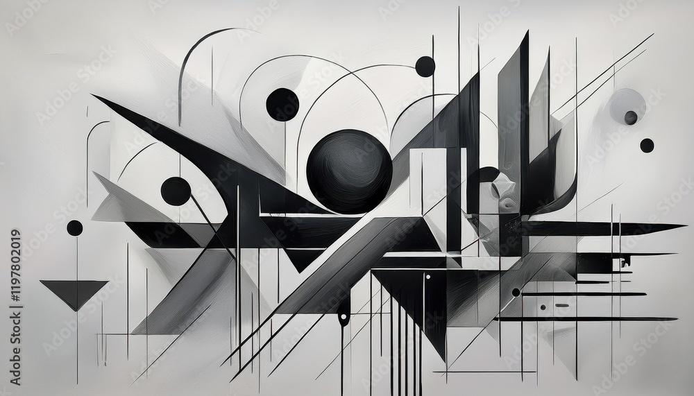Poster monochrome abstraction striking geometric composition in black white, emphasizing shapes and texture