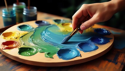 Artists Nimble Hand Mixes Vibrant Paints on a Wooden Palette Preparing to Create a New Masterpiece...