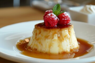 Sweet custard dessert with caramel sauce, raspberries, and mint on a white plate