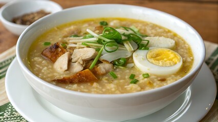 Arroz caldo soup with chicken and egg, savory and comforting, served in a white bowl