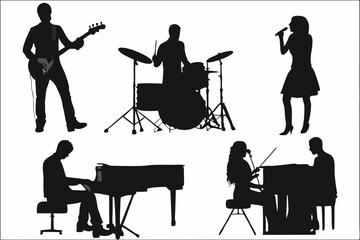 Silhouette of a Jazz Band Playing Piano, Saxophone, Drums, Trumpet, Double Bass, Guitar © Nahid
