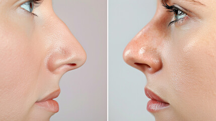 Obraz premium A before-and-after comparison of a patien's nose after rhinoplasty. stock image, hd quality