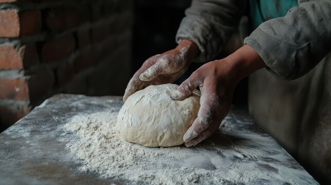 In a rustic bakery, a baker focuses intently, skillfully kneading dough on a floured counter, embodying traditional craftsmanship.