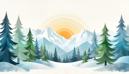 Fototapeta premium Winter landscape with mountains and evergreen trees