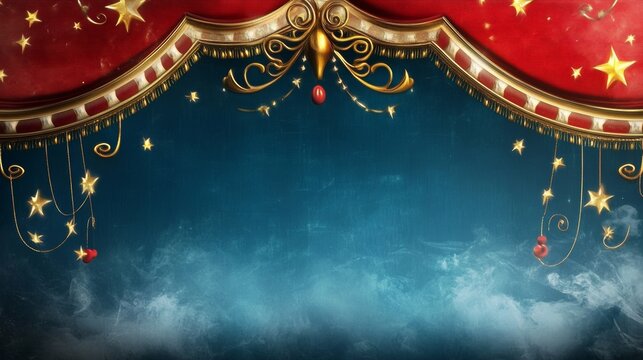 Circus tent background with starry night sky, decorated frame, and stage with blue smoke. - Powered by Adobe