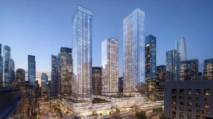 Skyscraper development, city skyline, night, rendering, urban renewal