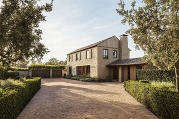 Elegant modern house surrounded by lush greenery in a serene suburban environment, showcasing beautiful architectural design and landscaping details in afternoon light