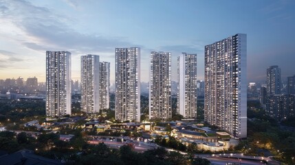 Fototapeta premium Cityscape Modern towers, twilight, urban development, retail