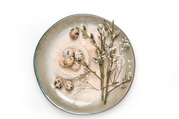 Happy easter flat lay composition with eco friendly easter eggs decor on white background. Layout design for invitation, card, flyer, banner, poster. Easter card, Easter eco organic banner