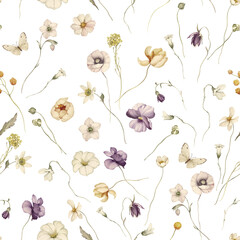 Seamless pattern with wildflowers in a watercolor style. Summer bouquet 