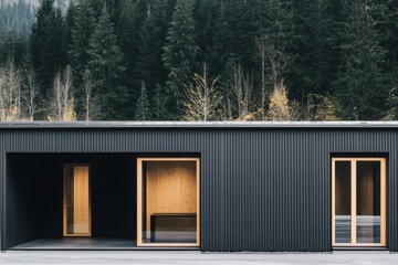 Modern architectural design showcases a sleek black structure surrounded by a lush forest landscape in a serene mountainous area