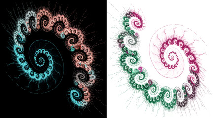 Airy colorful fluffy spirals connected into large spirals and spinning on black and white backgrounds. Set. 3D rendering. 3D illustration.
