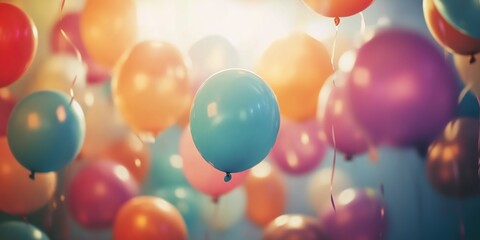 A group of colorful balloons floating in the air, creating an atmosphere filled with joy and celebration for special events like birthday parties or wedding ceremonies.